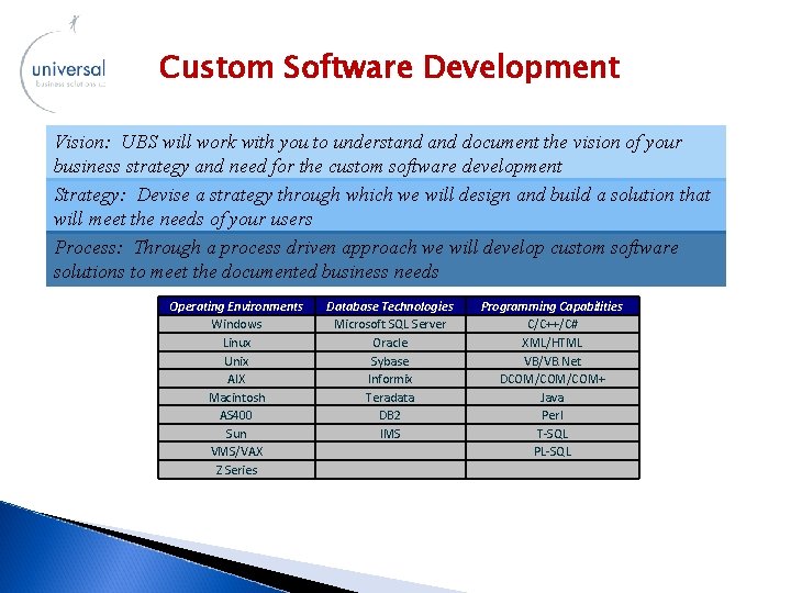 Custom Software Development Vision: UBS will work with you to understand document the vision