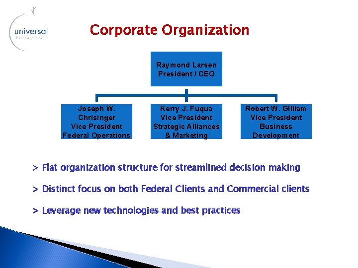 Corporate Organization Raymond Larsen President / CEO Joseph W. Chrisinger Vice President Federal Operations