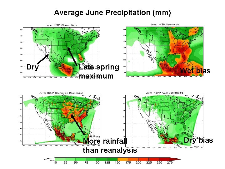 Average June Precipitation (mm) Dry Late spring maximum More rainfall than reanalysis Wet bias