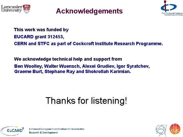 Acknowledgements This work was funded by EUCARD grant 312453, CERN and STFC as part