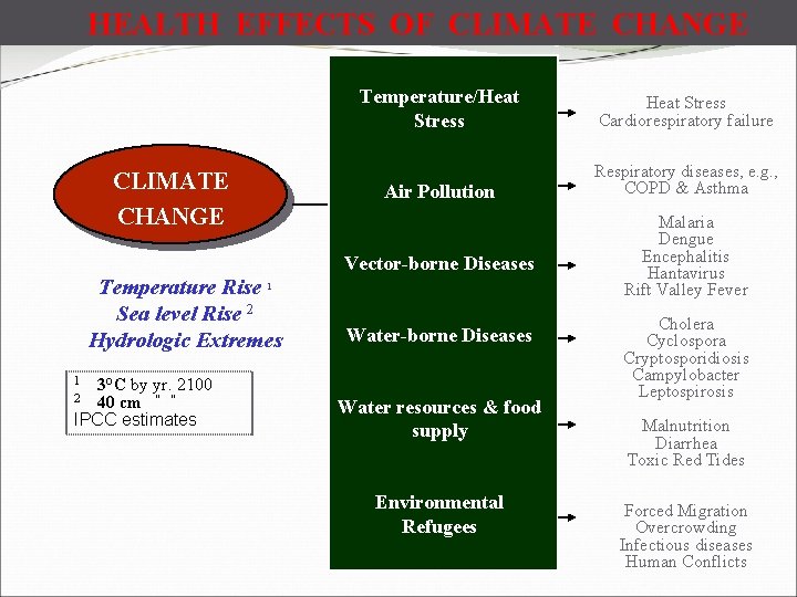 HEALTH EFFECTS OF CLIMATE CHANGE Temperature Rise 1 Sea level Rise 2 Hydrologic Extremes
