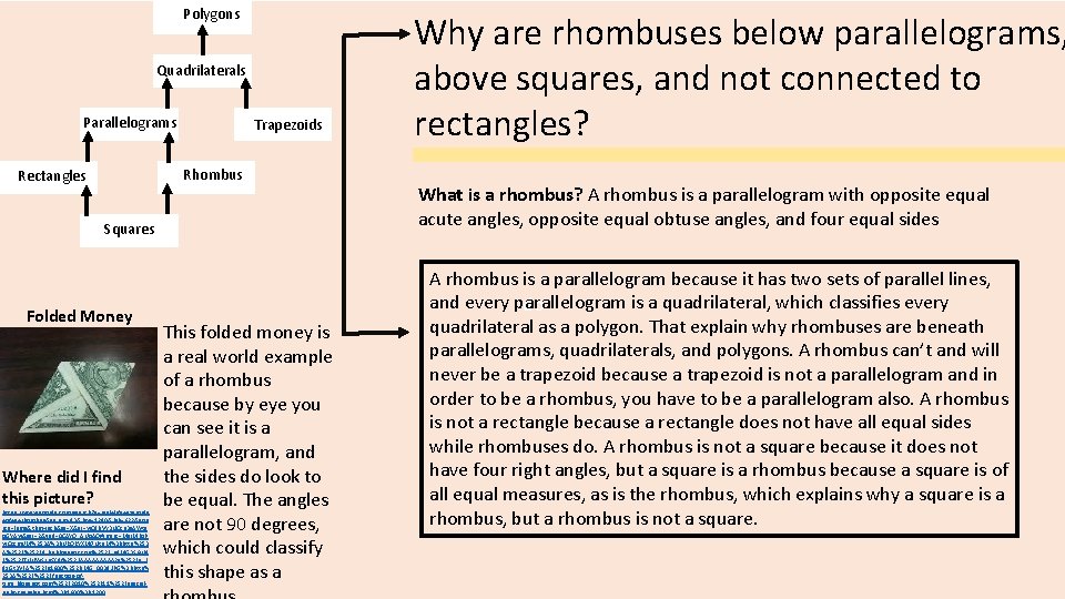 Polygons Quadrilaterals Parallelograms Trapezoids Rhombus Rectangles Squares Folded Money Where did I find this