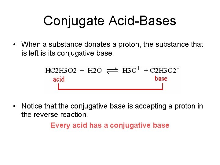 Conjugate Acid-Bases • When a substance donates a proton, the substance that is left