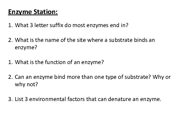 Enzyme Station: 1. What 3 letter suffix do most enzymes end in? 2. What