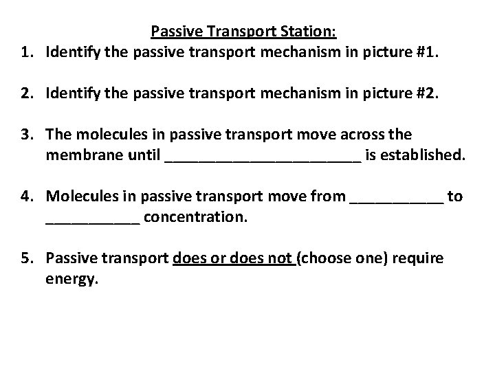 Passive Transport Station: 1. Identify the passive transport mechanism in picture #1. 2. Identify