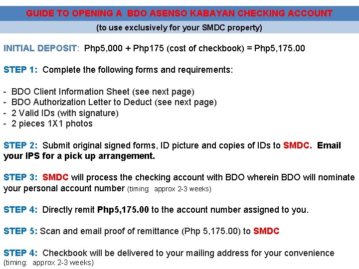 GUIDE TO OPENING A BDO ASENSO KABAYAN CHECKING ACCOUNT (to use exclusively for your