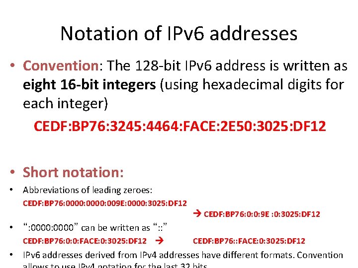 Notation of IPv 6 addresses • Convention: The 128 -bit IPv 6 address is