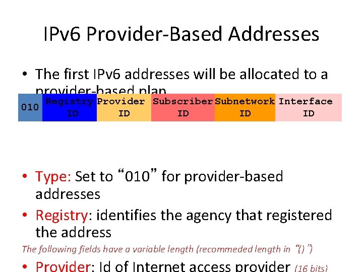 IPv 6 Provider-Based Addresses • The first IPv 6 addresses will be allocated to