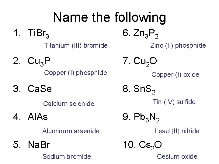 Name the following 1. Ti. Br 3 Titanium (III) bromide 2. Cu 3 P