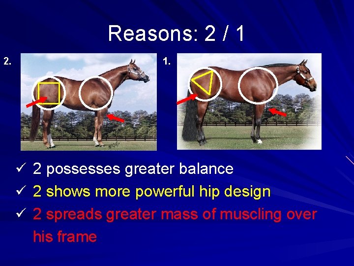 Reasons: 2 / 1 2. 1. ü 2 possesses greater balance ü 2 shows