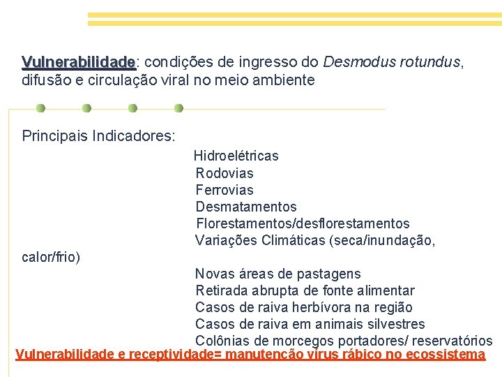 Vulnerabilidade: Vulnerabilidade condições de ingresso do Desmodus rotundus, difusão e circulação viral no meio
