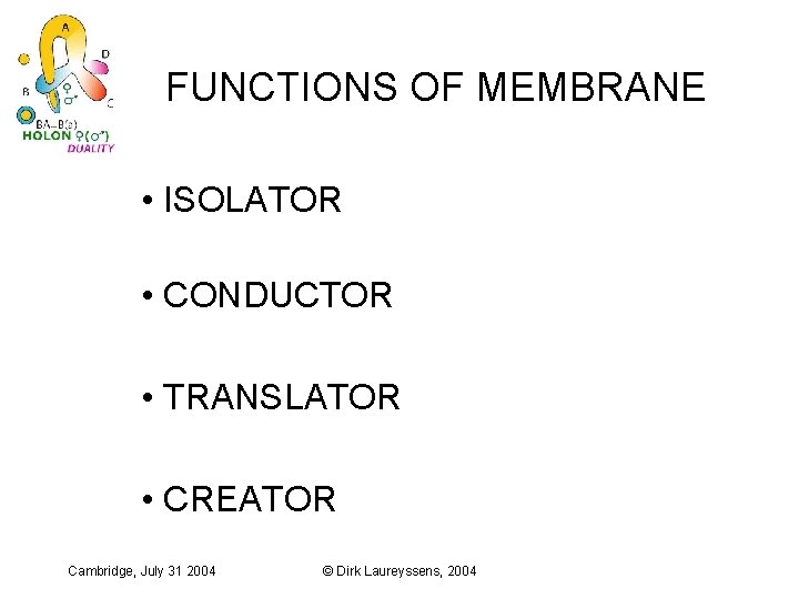 FUNCTIONS OF MEMBRANE • ISOLATOR • CONDUCTOR • TRANSLATOR • CREATOR Cambridge, July 31