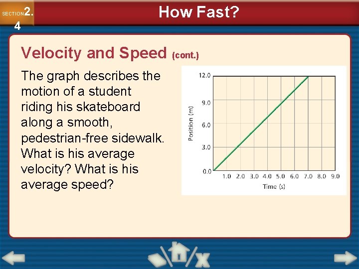 2. SECTION 4 How Fast? Velocity and Speed (cont. ) The graph describes the 2. SECTION 4 How Fast? Velocity and Speed (cont. ) The graph describes the