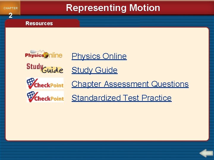 Representing Motion CHAPTER 2 Resources Physics Online Study Guide Chapter Assessment Questions Standardized Test