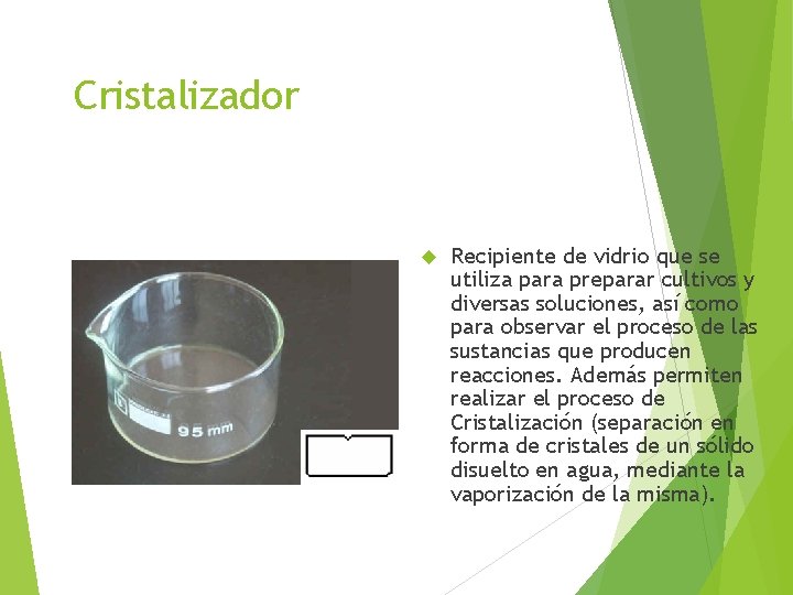 Cristalizador Recipiente de vidrio que se utiliza para preparar cultivos y diversas soluciones, así