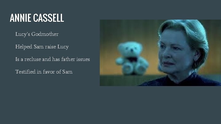 ANNIE CASSELL Lucy’s Godmother Helped Sam raise Lucy Is a recluse and has father