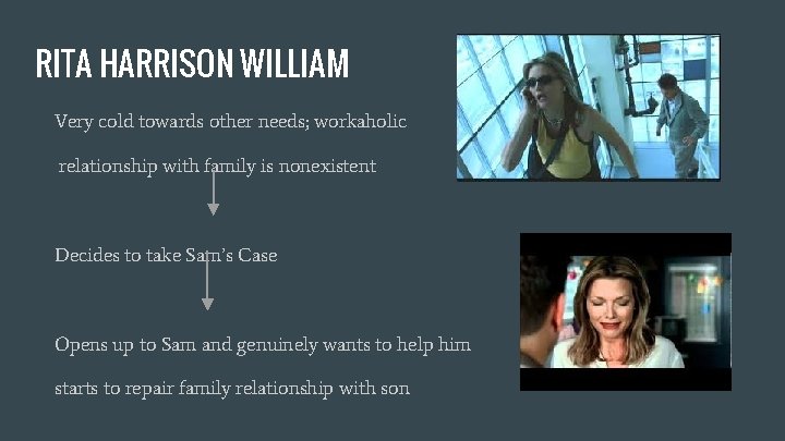 RITA HARRISON WILLIAM Very cold towards other needs; workaholic relationship with family is nonexistent
