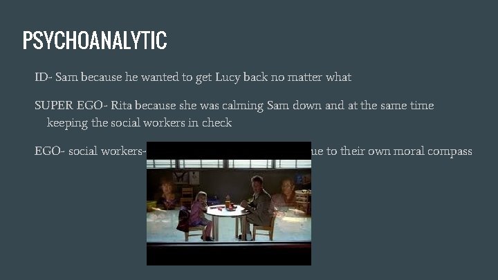 PSYCHOANALYTIC ID- Sam because he wanted to get Lucy back no matter what SUPER