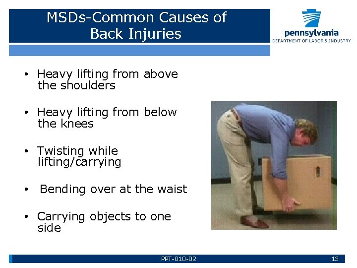 MSDs-Common Causes of Back Injuries • Heavy lifting from above the shoulders • Heavy