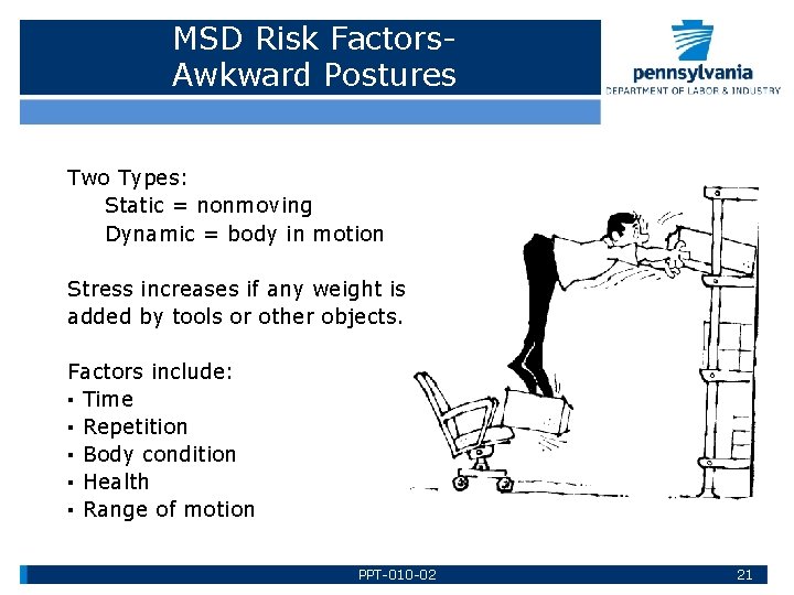 MSD Risk Factors. Awkward Postures Two Types: Static = nonmoving Dynamic = body in