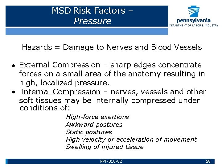 MSD Risk Factors – Pressure Hazards = Damage to Nerves and Blood Vessels External