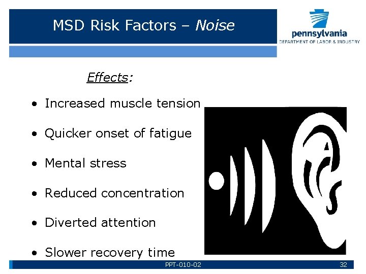 MSD Risk Factors – Noise Effects: • Increased muscle tension • Quicker onset of