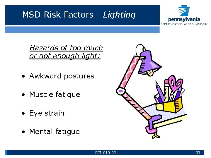 MSD Risk Factors - Lighting Hazards of too much or not enough light: •