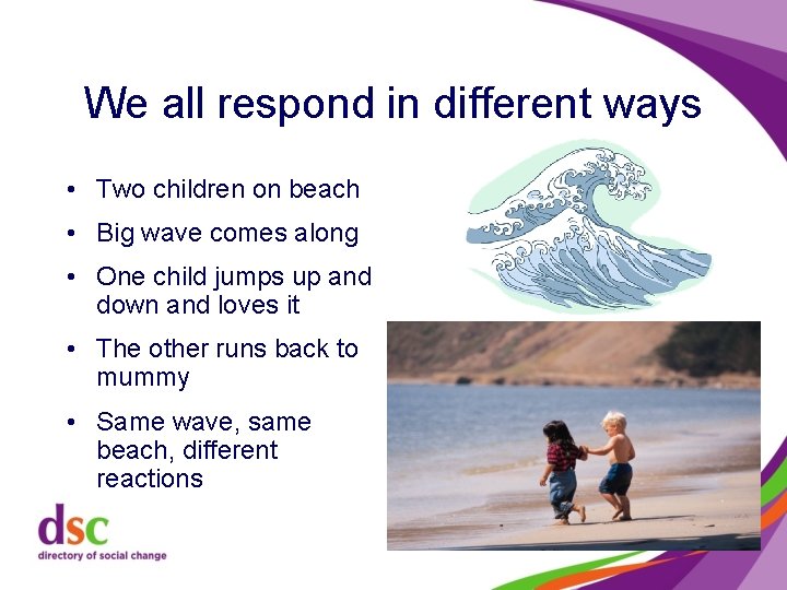 We all respond in different ways • Two children on beach • Big wave