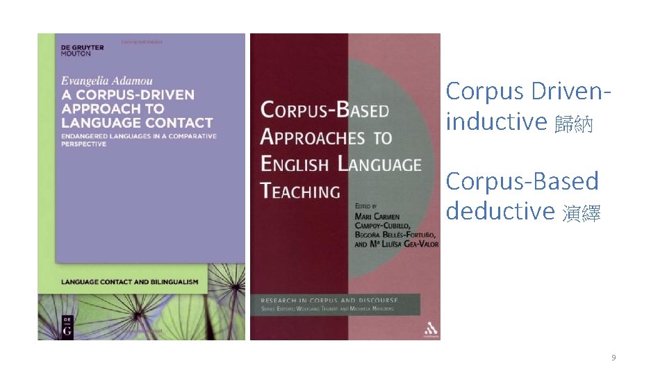 Corpus Driveninductive 歸納 Corpus-Based deductive 演繹 9 