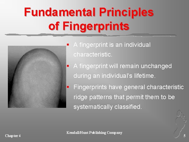 Fundamental Principles of Fingerprints § A fingerprint is an individual characteristic. § A fingerprint