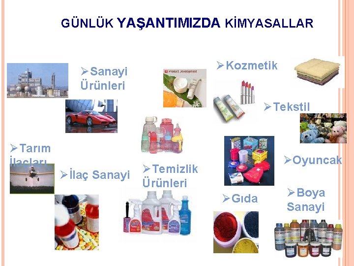  GÜNLÜK YAŞANTIMIZDA KİMYASALLAR ØKozmetik ØSanayi Ürünleri ØTekstil ØTarım İlaçları Øİlaç Sanayi ØOyuncak ØTemizlik