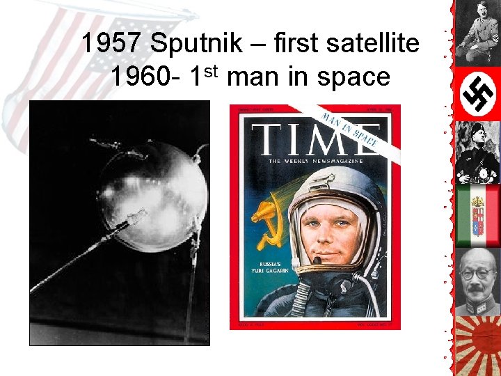 1957 Sputnik – first satellite 1960 - 1 st man in space 1957 Sputnik – first satellite 1960 - 1 st man in space