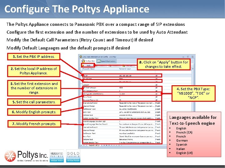 Configure The Poltys Appliance connects to Panasonic PBX over a compact range of SIP