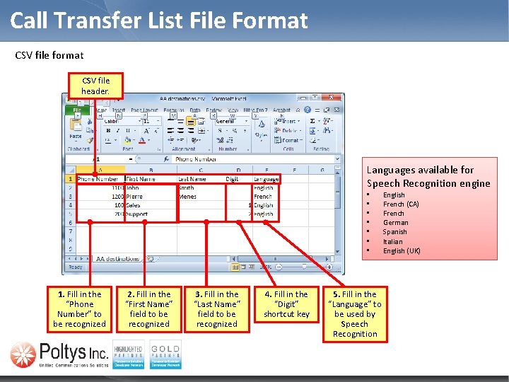 Call Transfer List File Format CSV file format CSV file header. Languages available for