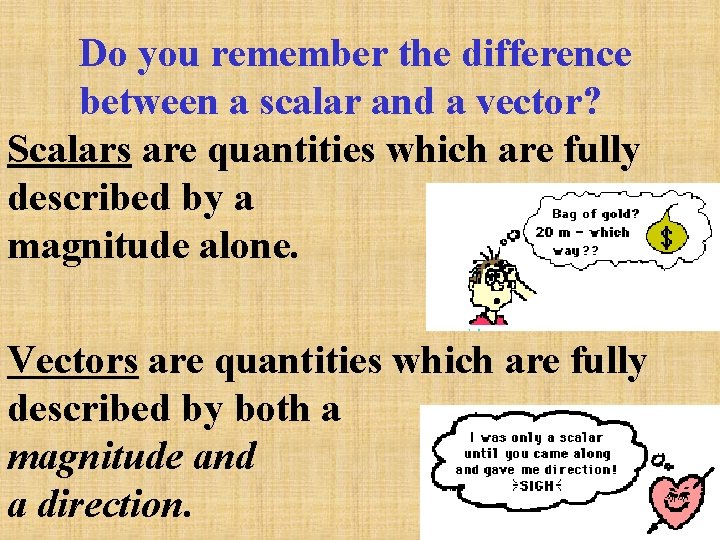 Do you remember the difference between a scalar and a vector? Scalars are quantities Do you remember the difference between a scalar and a vector? Scalars are quantities