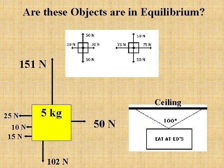 Are these Objects are in Equilibrium? 151 N 25 N 5 kg 10 N Are these Objects are in Equilibrium? 151 N 25 N 5 kg 10 N
