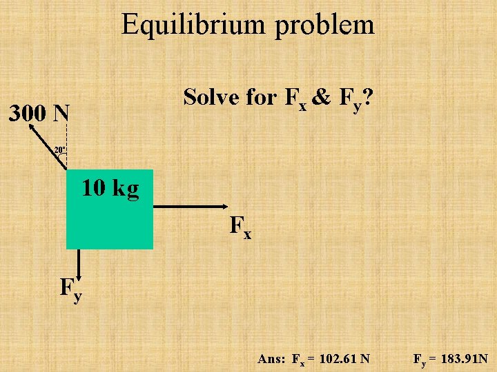 Equilibrium problem Solve for Fx & Fy? 300 N 20º 10 kg Fx Fy Equilibrium problem Solve for Fx & Fy? 300 N 20º 10 kg Fx Fy