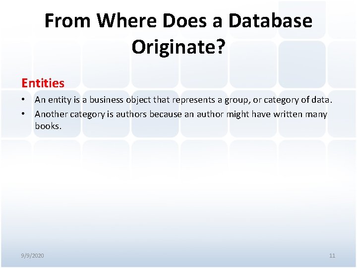 From Where Does a Database Originate? Entities • An entity is a business object