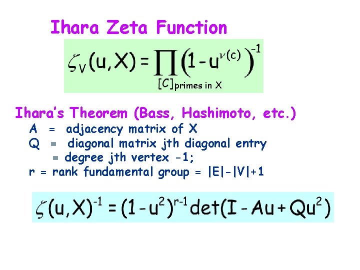 Ihara Zeta Function primes in X Ihara’s Theorem (Bass, Hashimoto, etc. ) A =