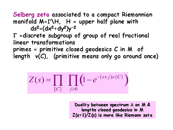 Selberg zeta associated to a compact Riemannian manifold M= H, H = upper half