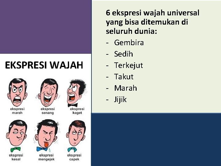 EKSPRESI WAJAH 6 ekspresi wajah universal yang bisa ditemukan di seluruh dunia: - Gembira