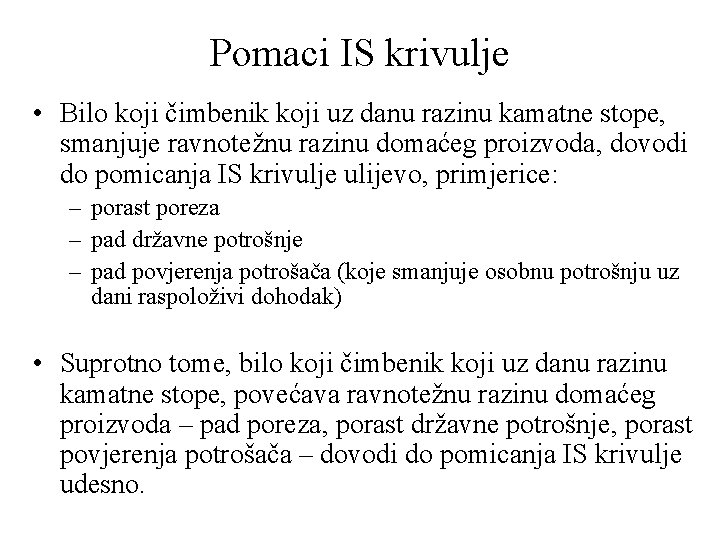 Pomaci IS krivulje • Bilo koji čimbenik koji uz danu razinu kamatne stope, smanjuje