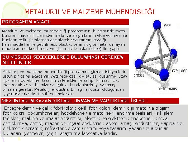 METALURJİ VE MALZEME MÜHENDİSLİĞİ PROGRAMIN AMACI: Metalürji ve malzeme mühendisliği programının, bileşiminde metal bulunan