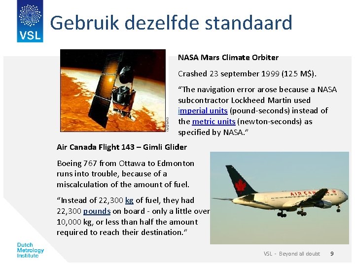 Gebruik dezelfde standaard NASA Mars Climate Orbiter Crashed 23 september 1999 (125 M$). “The