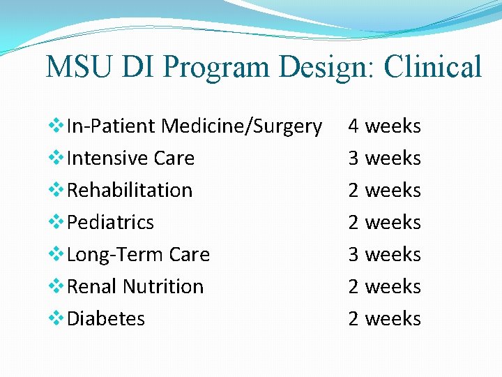 MSU DI Program Design: Clinical v. In-Patient Medicine/Surgery v. Intensive Care v. Rehabilitation v.