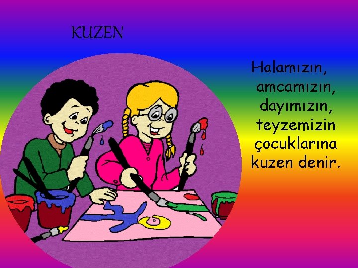 KUZEN Halamızın, amcamızın, dayımızın, teyzemizin çocuklarına kuzen denir. KUZEN Halamızın, amcamızın, dayımızın, teyzemizin çocuklarına kuzen denir.