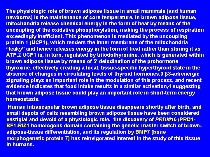 The physiologic role of brown adipose tissue in small mammals (and human newborns) is