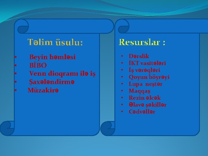 Təlim üsulu: • • • Beyin həmləsi BİBO Venn dioqramı ilə iş Şaxələndirmə Müzakirə