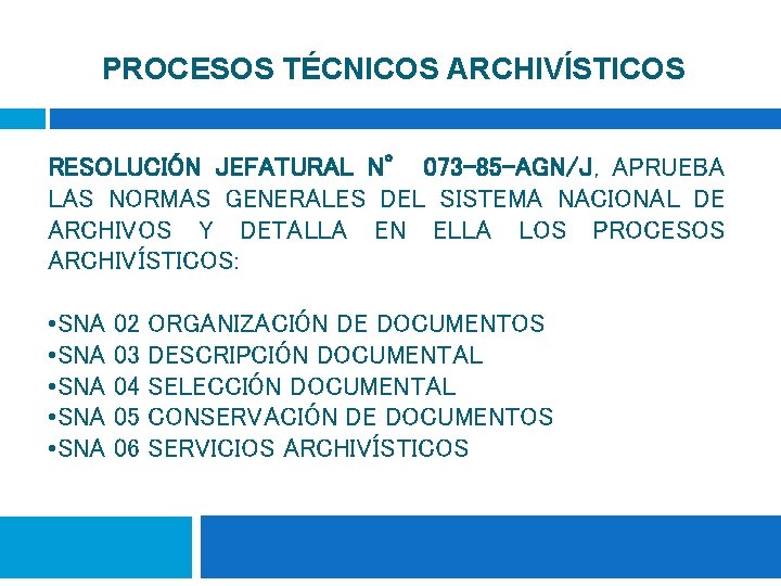 PROCESOS TÉCNICOS ARCHIVÍSTICOS RESOLUCIÓN JEFATURAL N° 073 -85 -AGN/J, APRUEBA LAS NORMAS GENERALES DEL