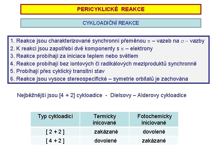 PERICYKLICKÉ REAKCE CYKLOADIČNÍ REAKCE 1. Reakce jsou charakterizované synchronní přeměnou p – vazeb na PERICYKLICKÉ REAKCE CYKLOADIČNÍ REAKCE 1. Reakce jsou charakterizované synchronní přeměnou p – vazeb na